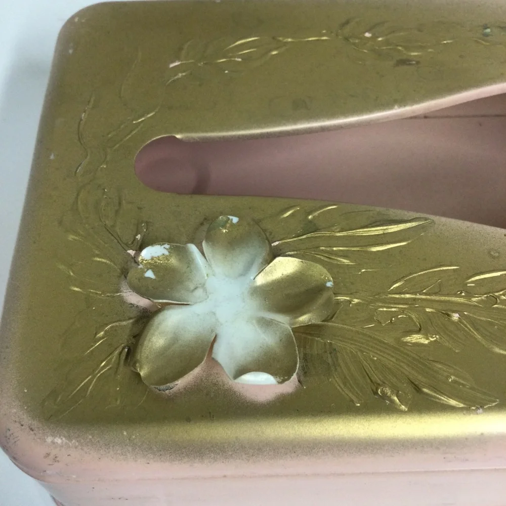 Vintage Ransburg Pink Gold Floral Metal Tissue Box Holder Mountable